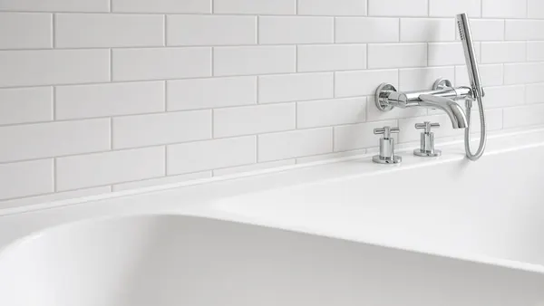Bathtub recaulked with a clean, even white silicone bead along white subway tile