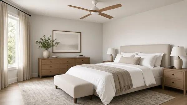 Ceiling fan installed in a serene bedroom with a smooth, freshly painted ceiling