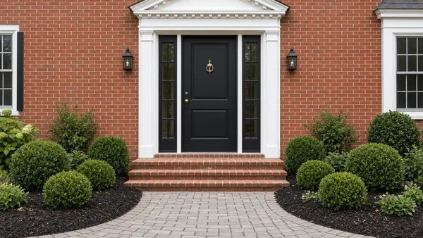 Curb appeal refresh: fresh dark mulch beds and neatly trimmed boxwoods at a brick front entry