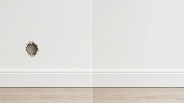 Drywall hole repair before and after: a hole in a white wall, then an invisible, painted patch