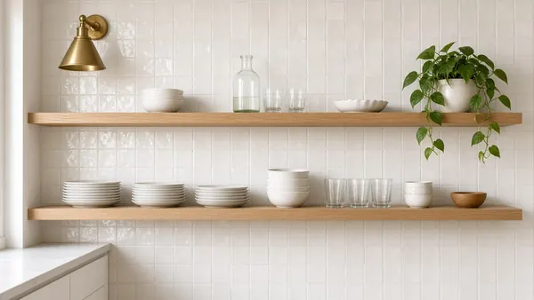 Floating shelves installed in a kitchen