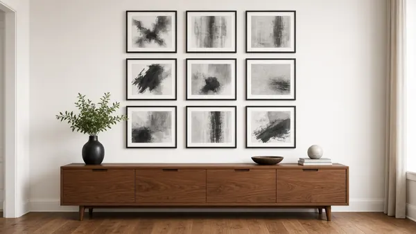 Gallery wall installation with evenly spaced black frames above a console table