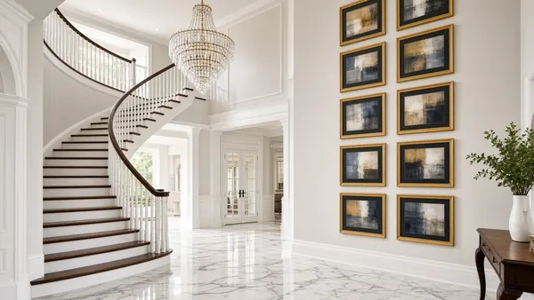 Gallery wall of framed art in a bright two-story foyer with a curved staircase