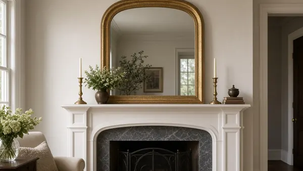 Heavy antique-gold mirror installed and centered over a white fireplace mantel