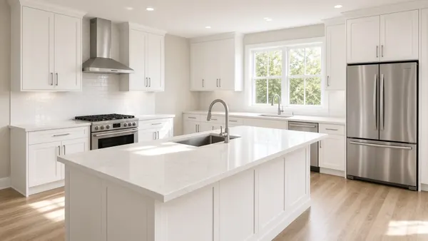 Move-out cleaning: a spotless, empty white kitchen ready for new owners