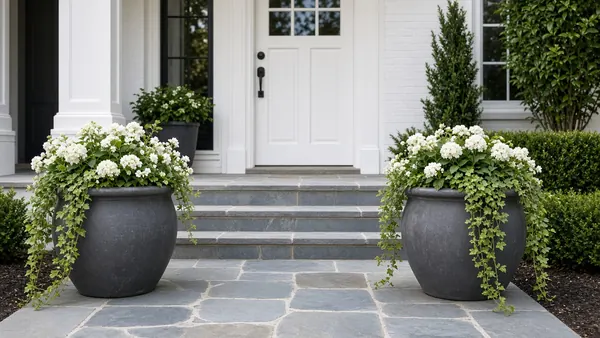 Seasonal planters with white flowers flanking a freshly power-washed stone walkway